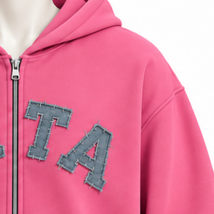 Hot <b>Pink</b> <b>Mens</b> Full Zip Hoodie Chenille Letter Patch Heavyweight Fleece Oversized Casual Streetwear <b>Sweatshirt</b> with Front Pockets - Product Image 5
