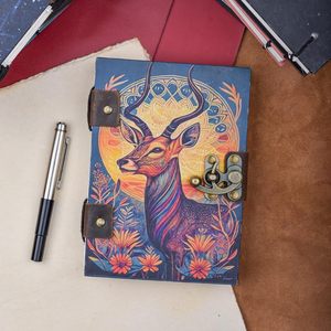 RusticVintage Deer Moon <b>Diary</b> A5 Leather <b>with</b> <b>Lock</b> Clasp Sewing Binding Handmade Gift for Men and Women Antique Notebook - Product Image 5