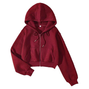 <b>Women's</b> Cropped Hoodie Zipper Front Solid Color Full Sleeve Knitted Cotton Hooded Sweatshirt Autumn Casual Wear - Product Image 1