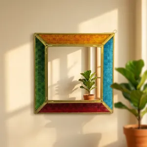 Miroir décoratif bohème carré avec cadre géométrique coloré en métal pour la décoration intérieure - Product Image 1