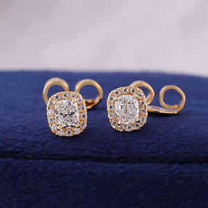 Lab Diamond Halo Earrings: 1.00 TCW Cushion Cut, 14k Gold <b>Studs</b> - Product Image 1