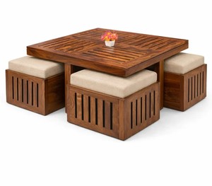 Slatted Top Solid Wood Coffee Table with 4 <b>Cushioned</b> Stools | Space Saving Nested Center Table | Jodhpur Export - Product Image 4