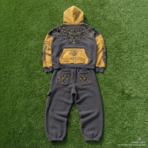 Custom <b>Women</b> Black Mustard Color Block Rhinestone Hoodie Cargo <b>Jogger</b> Set Cotton <b>Fleece</b> Streetwear Tracksuit Wholesale - Product Image 5