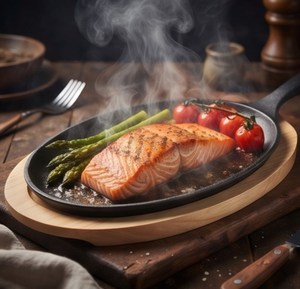 Sartén ovalada de hierro fundido para fajitas con mango desmontable sobre base de madera para presentación y comedor de alta gama - Product Image 5