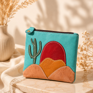 Bolsa de Cuero Vegano Hecha a Mano con Tema del Desierto, con Cierre, para Mujer, Organizador de Maquillaje y Cosméticos de Viaje, Monedero, Bolsa de Almacenamiento Multiusos - Product Image 3
