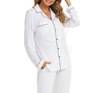 Pyjama Femme de Qualité Supérieure 100% Coton Été Décontracté Taille Élastique Longueur Intégrale Col Rabattu Manches Longues Logo Avant - Product Image 4