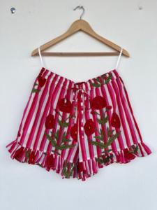 <b>Women</b> Red Floral Striped Cotton Pajama Set <b>Short</b> Sleeve Button Down Ruffle Top and <b>Shorts</b> 2 Piece Summer Sleepwear <b>Lounge</b> Set - Product Image 5