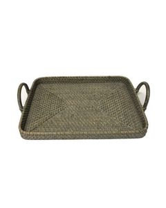 Plateau décoratif rectangulaire tendance en fibres végétales avec poignées, style rustique, artisanat en bambou et rotin, pièce unique - Product Image 1