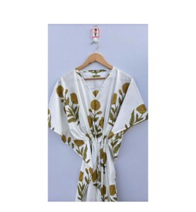 Floral Cotton Casual <b>Kaftan</b> Boho Tunic Dress <b>Plus</b> <b>Size</b> Indian Eco-Friendly Natural Waistline Loose Silhouette with Feathers - Product Image 6