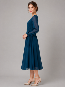 Robe Western Unie Bleu Teal Imprimée Col Profond Manches Longues Dos Noué Évasée en Chiffon Longueur Midi Décontractée Confortable pour Femme - Product Image 4