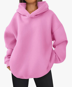 Unisex Oversized Hooded Sweatshirt Solid Pink Fleece Knitted Regular Fit Autumn Wear - Product Image 1