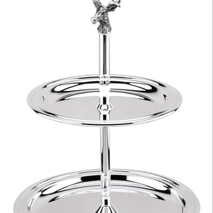Support de service en métal à deux niveaux au design luxueux avec poignée décorative en forme de tête de cerf et finition argentée polie miroir, parfait pour les desserts - Product Image 1