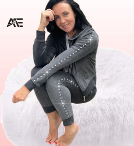 Wholesale Women Dark <b>Grey</b> Rhinestone Hoodie Set Zip Up <b>Jacket</b> and Jogger Pants Streetwear OEM Manufacturer - Product Image 1