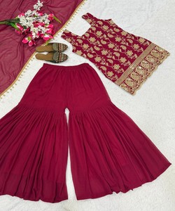 Elegant Maroon Silk Salwar Kameez Gold Embroidery <b>Floor</b>-Length Wedding Outfit For Women India Pakistan Style 85197 (MD-3093) - Product Image 4