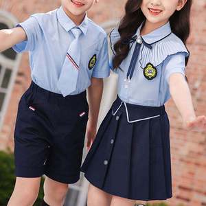 ชุดนักเรียนหญิงแบบสองชิ้น เสื้อสีฟ้าอ่อน กระโปรงสีกรมท่า ผ้าฝ้าย ชุดนักเรียนประถมสำหรับเด็ก - Product Image 2