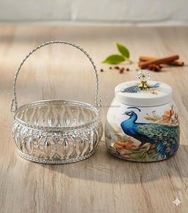 Cesta de Metal Plateado Alemán con Juego de Regalo de Frutos Secos Pichwai - Product Image 1