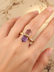 Amethyst Point Crystal Gold <b>Ring</b> | Hexagonal Pencil Stone Jewelry | Vintage Style IGI Certified Buddhism Healing <b>Quartz</b> <b>Rings</b> | - Product Image 3
