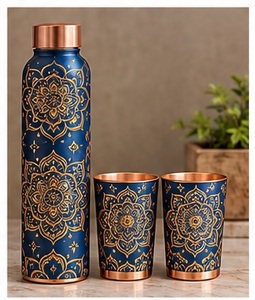 Bouteille d'eau en cuivre orientale avec 2 tasses, motif floral paisley rouge, ensemble de vaisselle portable - Product Image 4