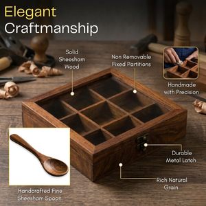 Caja de especias de madera con tapa de vidrio y nueve compartimentos para almacenamiento en la cocina, diseño tradicional tallado. - Product Image 5