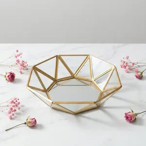 Artisan Design Brass Framed Geometric Glass <b>Storage</b> <b>Tray</b> Polygonal Minimalist Design Table Organizer Single Tier Jewelry TRA - Product Image 1