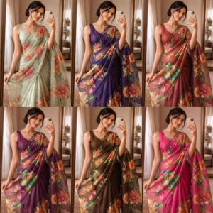 Sari de Algodón Suave con Estampado Floral Morado, Largo hasta el Suelo, Corte Regular, Sin Costuras, Blusa con Trabajo Hecho a Mano, Moderno, para Fiestas, Bodas, Estilo Elegante - Product Image 4