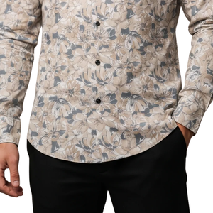 เสื้อเชิ้ตแขนยาวลายดอกไม้สีเบจสำหรับผู้ชาย ปกติดกระดุมทรงสลิมฟิต แฟชั่นลำลองสำหรับใส่ทำงานและงานปาร์ตี้ - Product Image 6