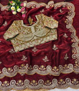 Blouse fantaisie Reglance Designer Soft pour sari en satin, broderie de sequins, motif Butti traditionnel, bordure lourde, pompons - Product Image 6