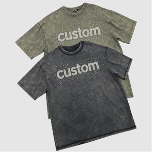 เสื้อยืดสตรีทแวร์ผู้ชายสไตล์วินเทจ ล้างสีแบบแอซิด ประดับเพชร ปักโลโก้ตามสั่ง แบบวิบวับ ขายส่ง - Product Image 5