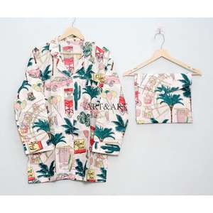 Conjunto de Pijama de Algodón Estampado a Mano de la India, Ropa de Dormir Elegante y Moderna para Mujer y Hombre, Transpirable, 100% Algodón para el Verano - Product Image 2