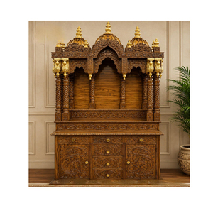 Mandir de Madera de Teca Tallada a Mano, Plegable y Personalizable, para el Altar del Templo Iskcon, Comunidad Gujarati, Sala de Pooja - Product Image 1