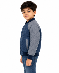 Blouson matelassé pour garçons, bleu gris, motif losanges, veste d'hiver rembourrée, veste chaude à fermeture éclair intégrale pour enfants avec col et poignets côtelés - Product Image 2