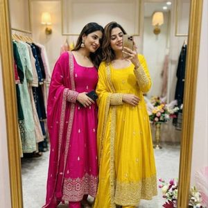 Pink Embroidered Anarkali Suit Set <b>Sequin</b> Work Dupatta Printed <b>Pant</b> Set for Wedding Party Women - Product Image 4