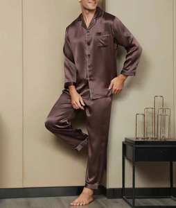 Ensemble pyjama en satin pour hommes, manches longues, couleur unie, deux pièces, vêtements de nuit lisses à boutons, vêtements d'automne - Product Image 2