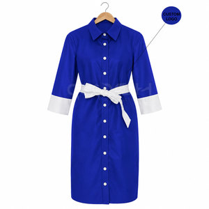 Robe chemise bleue Cosh International Sorority Sisterhood avec ceinture blanche, poignets contrastants, manches trois quarts, longueur midi - Product Image 1