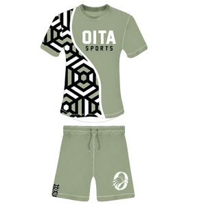 Ensemble short et maillot de rugby géométrique vert sauge, noir et blanc, à manches courtes, col rond, personnalisable, respirant, pour l'entraînement et les sports d'équipe - Product Image 1