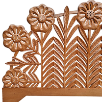 Lit de chambre King Size en bois sculpté artisanal, design antique, motif feuille et fleur marron, éclairé et à hauteur réglable