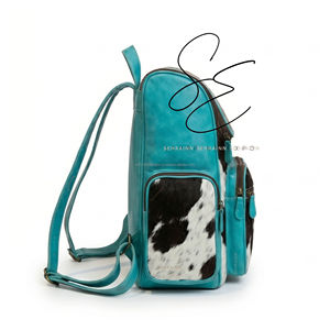 Western Cowhide <b>Leather</b> Diaper <b>Backpack</b> Turquoise Tooled Hair On Hide <b>Large</b> Zipper Mother Bag OEM Custom - Product Image 4