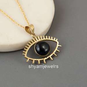 Pendentif Œil protecteur en obsidienne noire naturelle et eau douce, plaqué or 14 carats, fait main, style bohème, avec breloque cils, collier, cadeau, vente en gros - Product Image 3