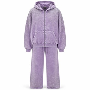 Women <b>Orange</b> Washed <b>Hoodie</b> Jogger Set Rhinestone Detail 100% Cotton Breathable Eco-Friendly Casual Sportswear Streetwear - Product Image 4