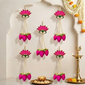 Handmade Traditional Pink Lotus Buds <b>Wall</b> Hanging Garland <b>Artificial</b> Solawood Lotus <b>Flower</b> Latkan Pearl Beads Ramadan Diwali - Product Image 5