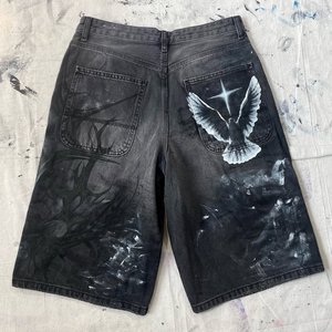 Shorts en jean vintage tricotés, best-sellers, style streetwear personnalisé, délavés et déchirés avec franges - Product Image 2