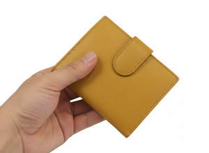 WRIZA Cartera compacta de piel auténtica amarilla mostaza para mujer con cierre de botón a presión, tarjetero multifuncional hecho a mano - Product Image 3