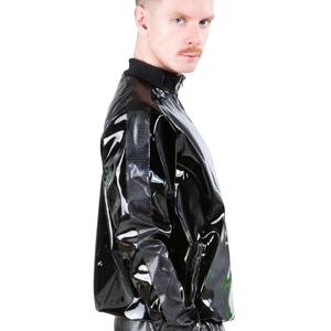 Black PU Leather Windbreaker Full Sleeve Zipper Front Stand Collar Sporty Style Waterproof Woven Fabric Regular Length - Product Image 2