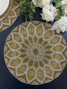 Eco Friendly Bohemian Design Polyester Cotton Beaded Placemat Durable Handmade Washable 300mm Diameter Premium Beads for Dining - Product Image 1