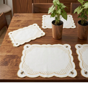 Custom Classic Luxury Washable Embroidery Bee Hives Placemats Napkins Sets Yellow Scallop Border 100% Cotton <b>Mats</b> for Home - Product Image 2
