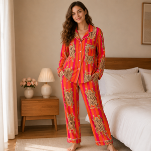 Ensemble de pyjama en coton pour femmes de qualité supérieure, imprimé floral, manches longues, boutonné, vêtements de nuit assortis, vêtements de détente - Product Image 1