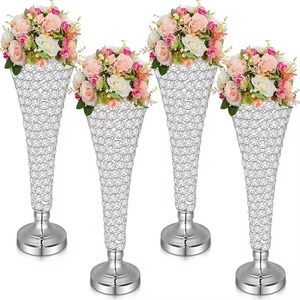 Ensemble de 4 vases coniques en acier inoxydable et cristal, décoration de table élégante pour mariage, vases à fleurs en cristal de haute qualité à motifs - Product Image 2