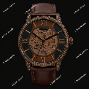 Brown Leather Skeleton Watch Diamond Bezel Luxury <b>Automatic</b> <b>Wristwatch</b> Open Heart Mechanical Timepiece Premium Fashion Accessory - Product Image 2