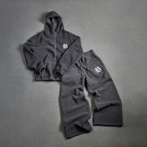 Custom Heavyweight Woolen Embroidered Logo All Zipper Hoodie And Pant Custom Oversized Satin Lining Boxy <b>Fit</b> Hoodie Set - Product Image 1