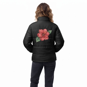 Trendy Black Floral Print Stand Collar Full Zip Insulated <b>Cropped</b> <b>Puffer</b> <b>Jacket</b> Winter Outerwear Coat OEM Manufacture - Product Image 2